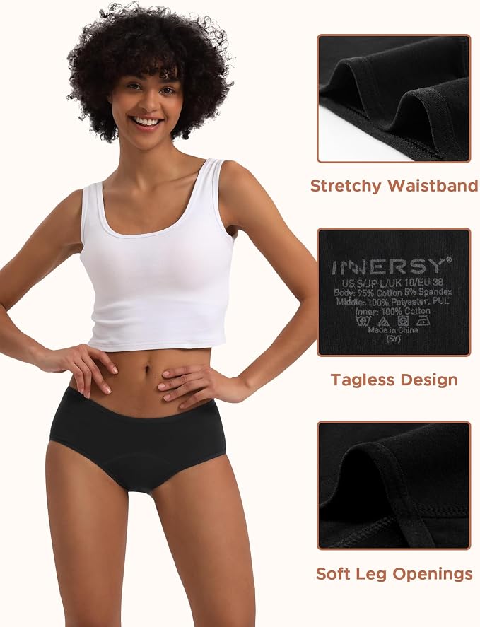 INNERSY Period Underwear for Women Teens Leak-Proof Menstrual Cotton Protective Hipster Panties 3-Pack