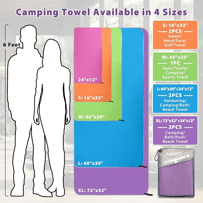 SYOURSELF 2 Pack Microfiber Camping Towel, Quick Dry Towel, Soft Absorbent Compact Travel Gym Workout Sweat Towel for Beach Yoga Swim Travel Camping Hiking Backpack Essentials (S:32"x16")