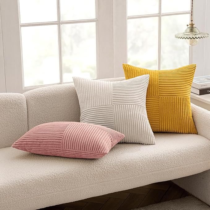 MIULEE Blush Pink Decorative Throw Pillow Covers for Couch 18x18 Inch | 2 Pack, Boho Farmhouse Pillow Covers, Soft Cross Corduroy Patchwork Textured Cushion Cases For Bed Sofa