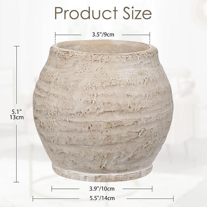 Briful Rustic Vintage Ceramic Pottery Vase, 5.1'' Farmhouse Table Decor with Distressed Texture, Wide Mouth Decorative Jar Vases for Home Decor, Shelf & Entryway, Cream White