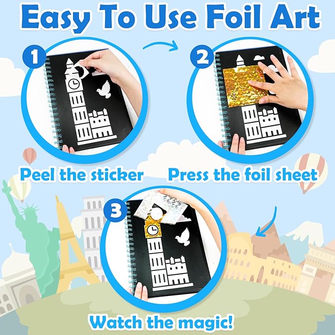 FUNNYB&G Foil Art Crafts for Kids Ages 4-8: Valentines Crafts for Kids 2026,Birthday Gift for Girls,Art and Crafts Supplies,Party Favors,Creative Toys for Girls Boys 4 5 6 7 8 9 Years Old(Buildings)