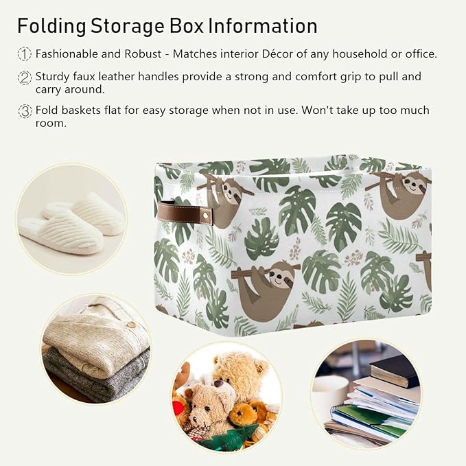 Aslsiy Storage Basket Sloth Tropical Leaves Nursery Bins Baby Box Canvas Clothes Shelf Basket Laundry Hamper Gift Baskets for Home Closet 2 Pcs