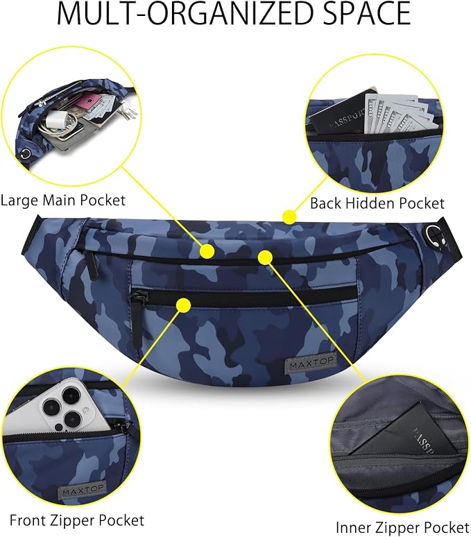 MAXTOP Large Crossbody Fanny Pack with 4-Zipper Pockets,Gifts for Enjoy Sports Festival Workout Traveling Running Casual Hands-Free Wallets Waist Pack Phone Bag Carrying All Phones