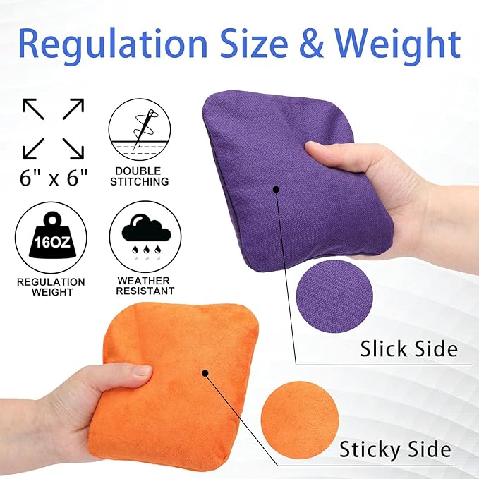 EunHo Regulation Cornhole Bags Set of 8 - Dual Sided Slick and Stick Cornhole Bean Bags for Tossing Game Professional All Weather Pro Corn Hole Bags with Tote Bag