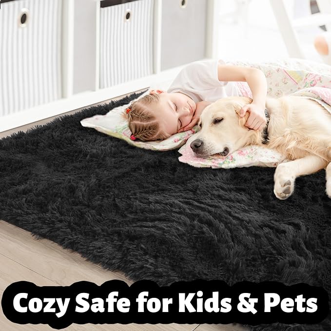 Amdrebio Black Shag Kids Area Rug 5x8 for Boys Bedroom Living Room Playroom | Fluffy Furry Shaggy Plush Comfy Carpet, Classroom Dorm Men Cave Office Apartment Decor, Gothic Aesthetic, Modern Cool Accent