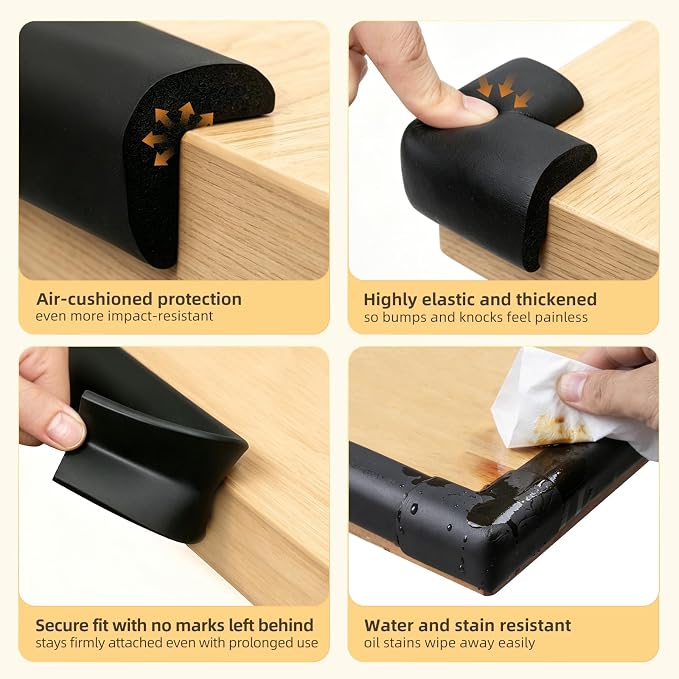 Corner Protector Baby, Baby Proofing Edge Corner Protector, Waterproof Soft Foam Cushion with Adhesive Tape (6.6ft Edge + 4 Corners),Wall Corner Protector for Fireplace, Table, Stair, Cabinet(Black)