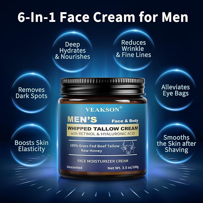 Men's Beef Tallow for Skin, Organic Whipped Grass Fed Tallow and Honey Balm with Anti-Aging Retinol & Hyaluronic Acid, Mens Skin Care Face Cream Moisturizer, Reduces Wrinkles Lines, Unscented, 3.5 OZ