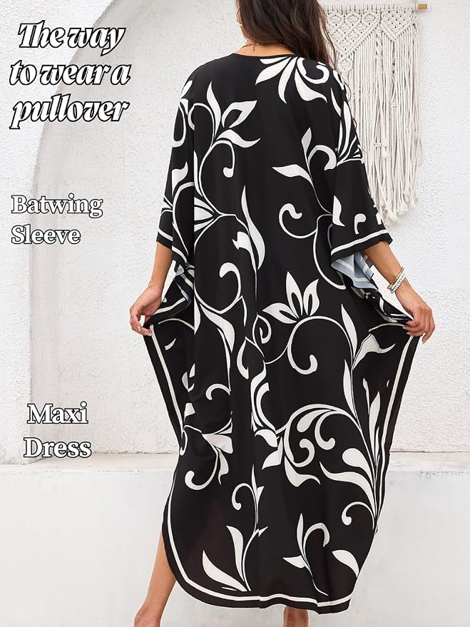 ChiaoLezhee Print Moo-Moos for Women, Kaftan Cover-Up Dresses, Sexy V-Neck High-Slit, Beach Pool-Party Coverups Muumuu Plus