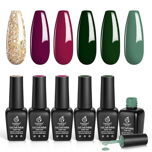 Beetles Gel Nail Polish Set, Burgundy Purple Red Green Glitter Gel Polish Soak Off Nail Art Beauty Gift Set for Women
