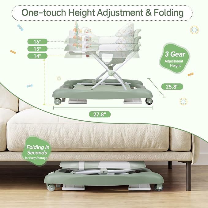 5 in 1 Baby Walker, Music and Lights Foldable Baby Walker with Wheels, 3 Adjustable Heights, with Bouncer Combo, Rocker, Activity Walker for Baby Boy and Girl 6-18 Months (Green)