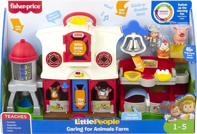 Fisher-Price Little People Caring for Animals Farm Electronic Interactive playset with Smart Stages Learning Songs for Toddlers Ages 1 and up (Amazon Exclusive)
