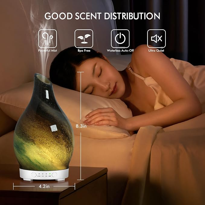 Aromatherapy Essential Oil Diffuser for Home- 150ml Art Glass Diffuser for Essential Oils with Waterless Auto Shut-Off 4 Timer 7 Colors LED Night Light for Home Office Decor Gifts for Women