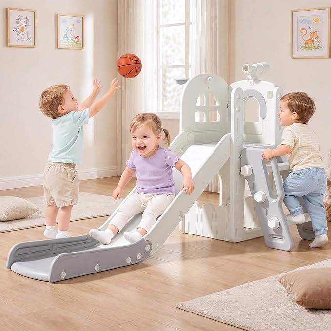 Babytronic Toddler Slide for Kids 1-3, 6-in-1 Toddler Slide Set with Basketball Hoop & Telescope, Indoor Outdoor Toddler Playset, Kids Climber Playset for Small Spaces, Indoor Playground, Cream & Gray