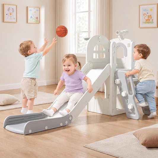 Babytronic Toddler Slide for Kids 1-3, 6-in-1 Toddler Slide Set with Basketball Hoop & Telescope, Indoor Outdoor Toddler Playset, Kids Climber Playset for Small Spaces, Indoor Playground, Cream & Gray