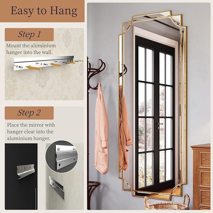 Kelly Miller 30"x70" Gold Foil Scalloped Edge Decorative Full Length Mirror | Hand-Applied Gold Foil Finish. HD Mirror With French Cleat. Elegant Beveled Wall Mirror Decor For Bathroom Bedroom Entryway.
