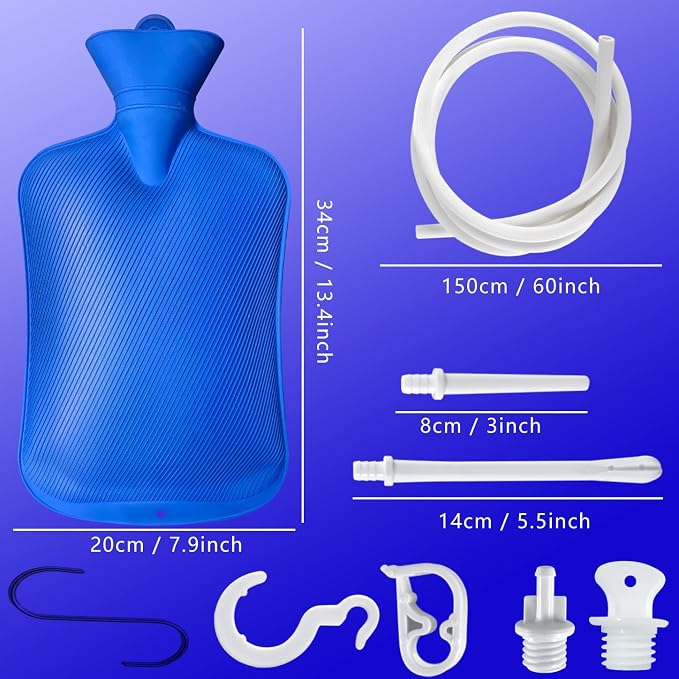 Enema Bag 2L Home Enema Kit with 2 Enema Tips,60 inch Long Silicone Hose, Controlable Water Flow Valve, Hot-Water Bottle for Colon Cleansing Enemas for Women/Men（Blue）