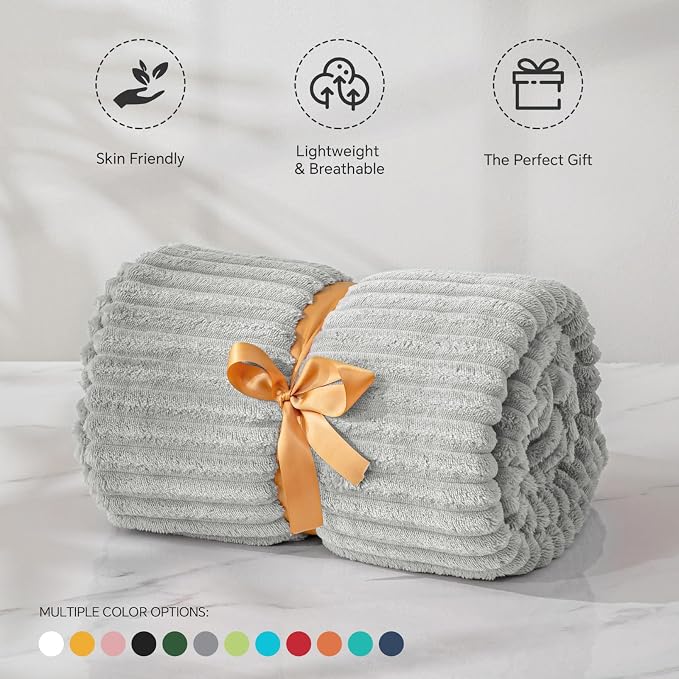 BEDELITE Ribbed Jacquard Light Grey Fleece Twin Blanket for Bed, 60x80 Inch | Soft Warm Decorative Fluffy Blanket, Cozy Plush Lightweight Fuzzy Throw Blanket for Couch Sofa Room Decor, Gift for Women