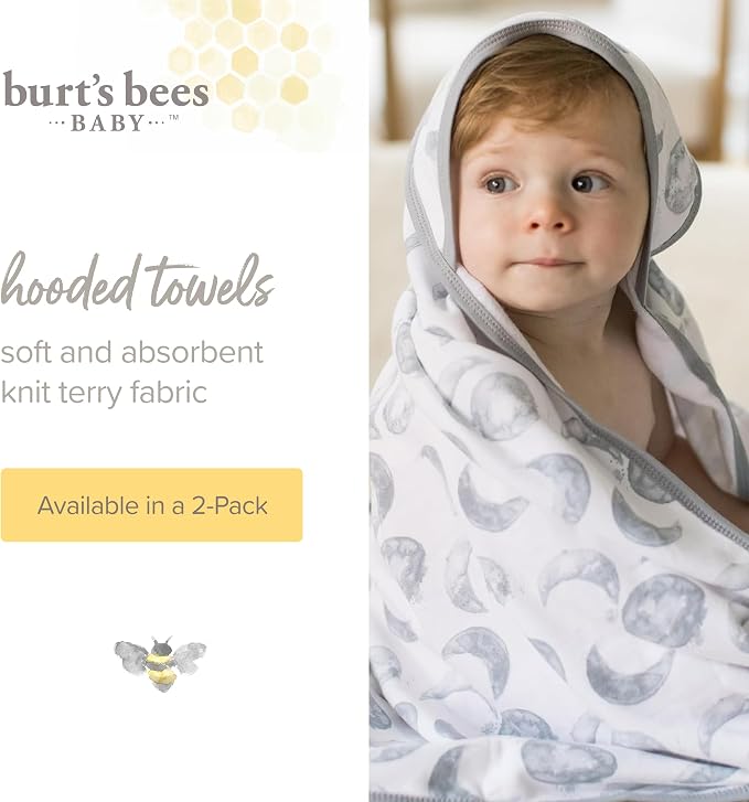 Burt's Bees Baby Infant Hooded Towels, Organic Cotton, Unisex Bath Essentials, Nursery Towel with Hood Set, 29 x 29 in, 2-Pack