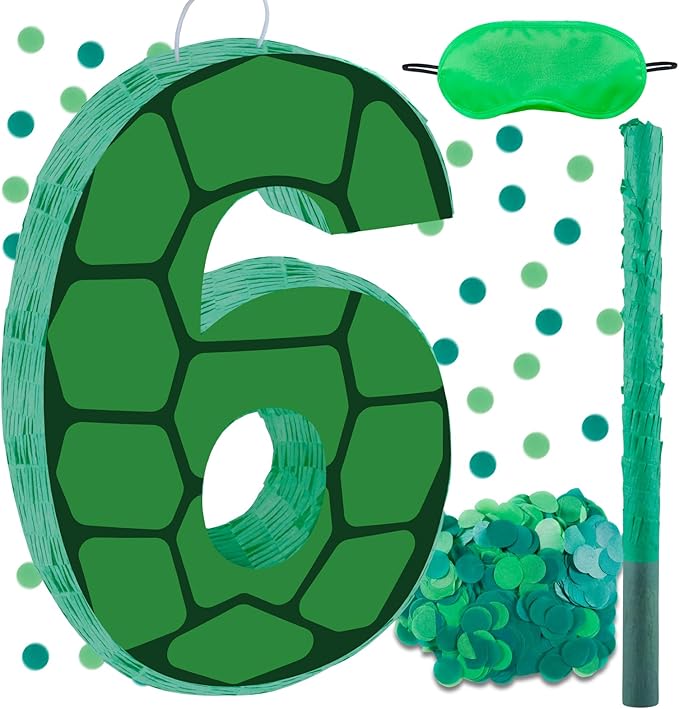 16 Inch Turtle Number 6 Pinata, Turtle Birthday Decorations, Turtle Theme Pinata with 16 Inch Stick Blindfold Confetti for Boy Girl Kids 6th Birthday Party Supplies(6th)