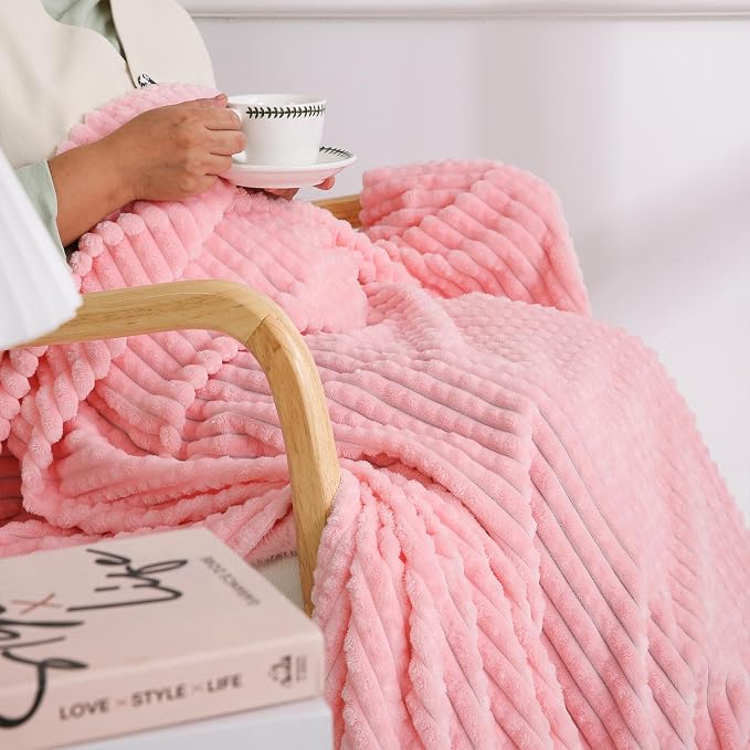 Puncuntex Fleece Throw Blanket Light Pink 60"×80" with Square Grid Design | Super Soft Plush Cozy Flannel Throw Blanket Luxury for Couch Sofa Chair