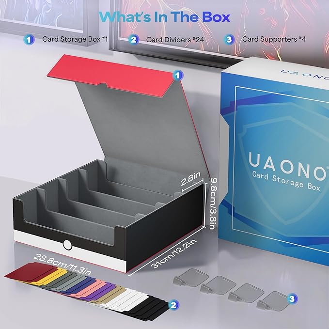 UAONO Trading Card Storage Box, Holds 2400 Sleeved Cards with 24 Dividers & 4 Stoppers, Magnetic Closure PU Leather Card Case for MTG, PTCG, YGO, Sports Cards (Red&White)