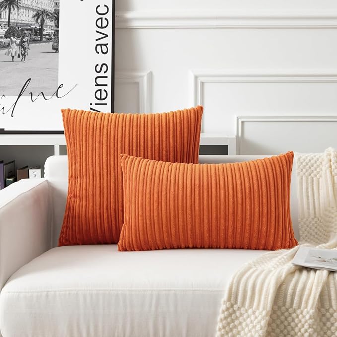 UGASA Fall Velvet 12x20 Inch Lumbar Soft Throw Pillow Cover Boho Farmhouse Decorative Corduroy Striped Both Sides Solid Rectangular Cushion Case for Couch Bedroom Sofa Home, 1 Piece, Dark Orange