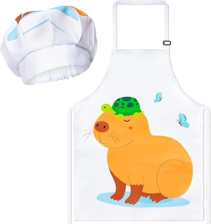 R HORSE Kid Apron and Chef Hat Set - 2Pcs Capybara Adjustable Children Kitchen Apron Dress up Role Play Chef Toy Kid Cooking Gift Birthday for Kids Cooking Baking Painting and Training