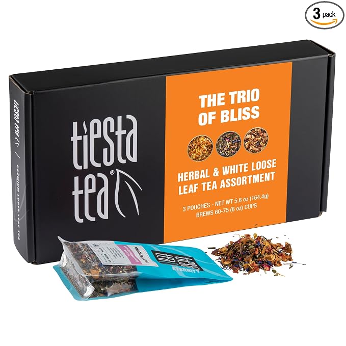 Tiesta Tea - Loose Leaf Herbal Tea Gift Box, Medium to Non-Caffeinated Assorted Blends, 3 Pouches for Hot & Iced Brews Variety Pack, Maui Mango, Nutty Almond Cream, and Pomegranatopia