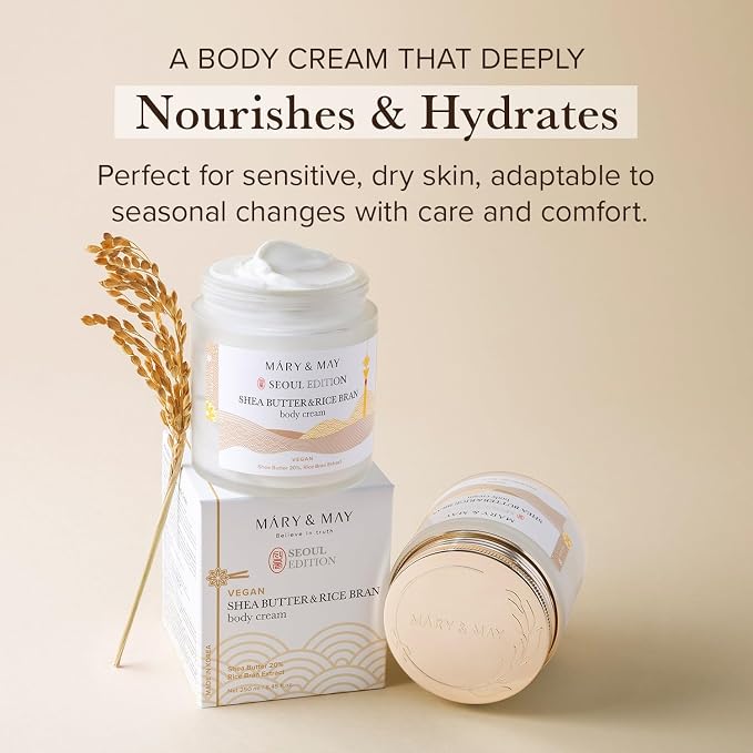 Mary&May 20% Shea Butter & Rice Bran Body Cream, 8.45 oz | Korean fragrance-free vegan body cream with 20% shea butter, rice bran & ceramide NP for dry, rough skin — non-greasy velvet