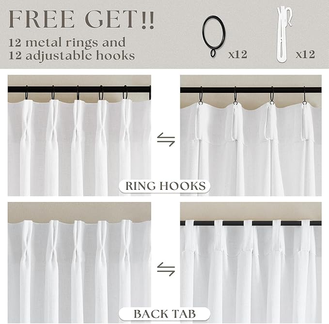 TWODRAPES Extra Wide 108 Inch Long Curtains 70 Inch Wide Pinch Pleat Linen Curtains for Living Room Bedroom Light Filtering Privacy Pleated Drapes Hooks Rings Back Tab for Sliding Door White 1 Panel