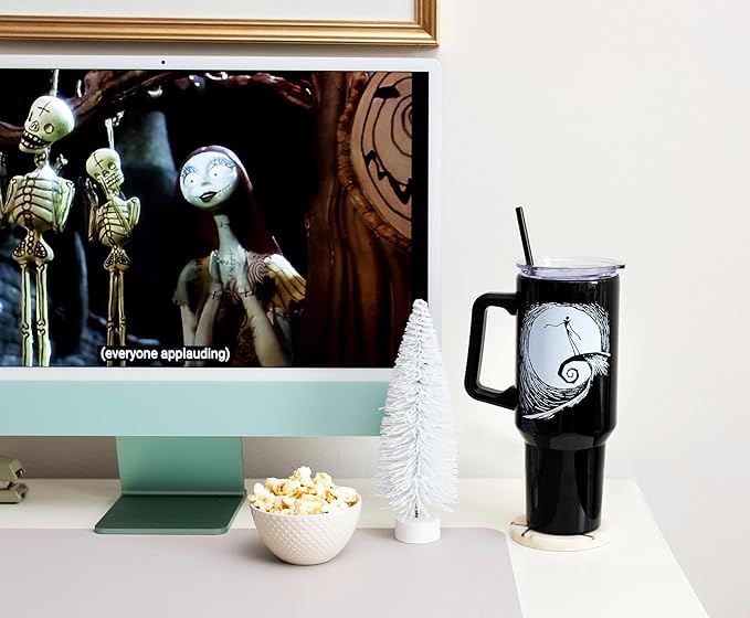Silver Buffalo Disney Nightmare Before Christmas by Tim Burton Jack Skellington Hill & Moon Drawing Double Walled Stainless Steel Tumbler with Handle and Straw, Fits in Standard Cup Holder, 40 Ounces