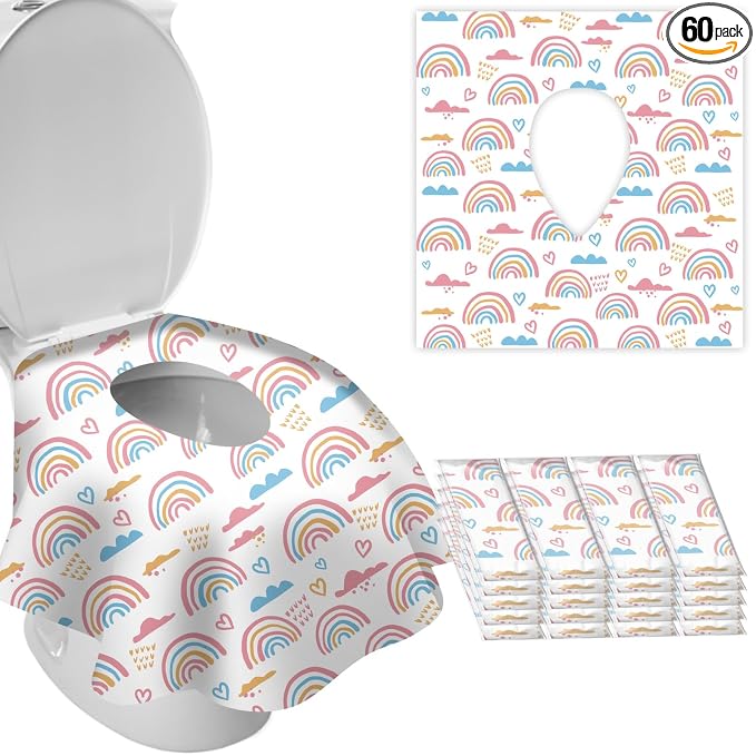 DEEKI 20 Pack Toilet Seat Covers Disposable, Safe No-Slip Waterproof for Kids Toddlers Use in Potty Training Public Restrooms Toilets, Portable Clean Covers for Adults Travel -Rainbow (20 Count)