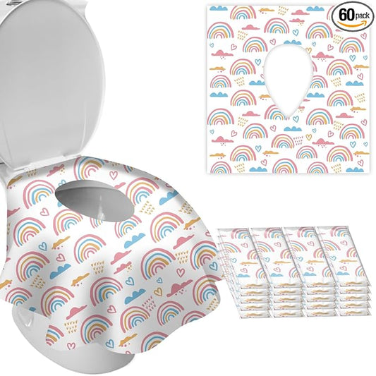 DEEKI 20 Pack Toilet Seat Covers Disposable, Safe No-Slip Waterproof for Kids Toddlers Use in Potty Training Public Restrooms Toilets, Portable Clean Covers for Adults Travel -Rainbow (20 Count)