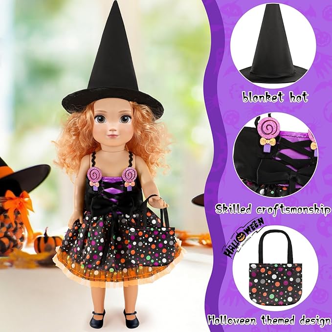 JANYUN 18 Inch Doll Clothes Accessories, Halloween Witch Costume Candy Corn Suit Set with Witch Hat Candy Bag for Doll Halloween Costumes Gifts for Children