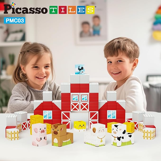 PicassoTiles Magnet Cube Farm House Theme Mix and Match Building Block Construction Toy Barn with 5 Magnetic Cubed Character Action Figure STEM Learning Education Sensory Pretend Play Kid Age 3+ PMC03