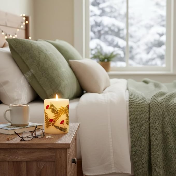 Rosy Rings Frosted Fir Botanical Candle | Luxury Aromatherapy Long Lasting Candle Home Decor Gifts Notes of Clary Sage, Santal, Cedar, Pine, White Musk | Fern & Rose Bud Botanicals 120 Hr Burn 5.5" H