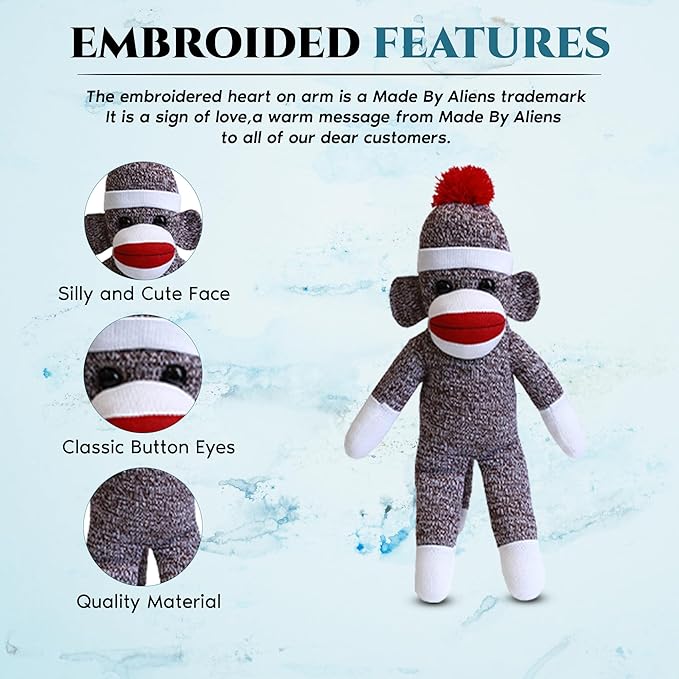 Plushland Adorable Sock Monkey, The Original Traditional Hand Knitted Stuffed Animal Toy Gift-for Kids, Babies, Teens, Girls and Boys Baby Doll Present Puppet (16'' Brown)