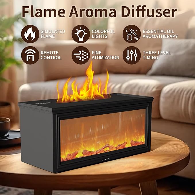 Fireplace Flame Essential Oil Diffuser, 280ml Aromatherapy Humidifier with Remote Control, 7 Color LED Lights, Ultrasonic Aroma Diffuser for Home Bedroom Office Yoga Spa, White