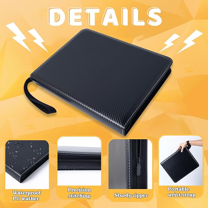 Jravkfi Card Binder 4 Pocket with 50 Removable Sleeves-Can Hold 400 Cards,3-Ring Zipper Sports Book is Gifts for Boys and Girls（Black）