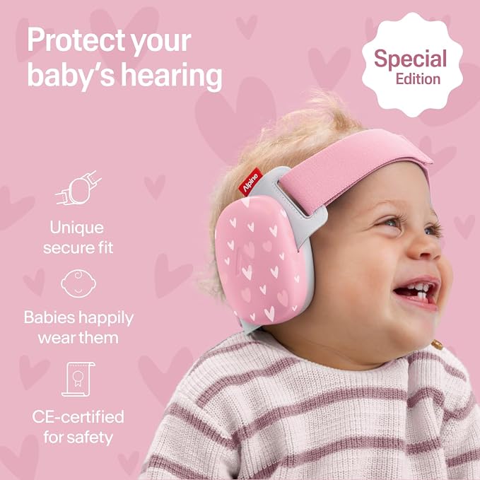 Alpine Muffy Baby Comfort - Protects Hearing for Babies and Toddlers - CE & ANSI Certified - Headband for Safe fit & Comfort - Adjustable for Ages 3-48 Months - 24dB Sound Reduction, Hearts