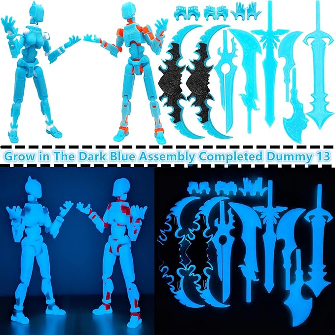 T13 Action Figures (Grow in The Dark Blue) Titan 13 Action Figures 3D Action Figure Set Already Assembled Dummy 13 Nova T-13 Robot 3D Printed Multi-Jointed Movable Toy(Blue Orange+Blue White)