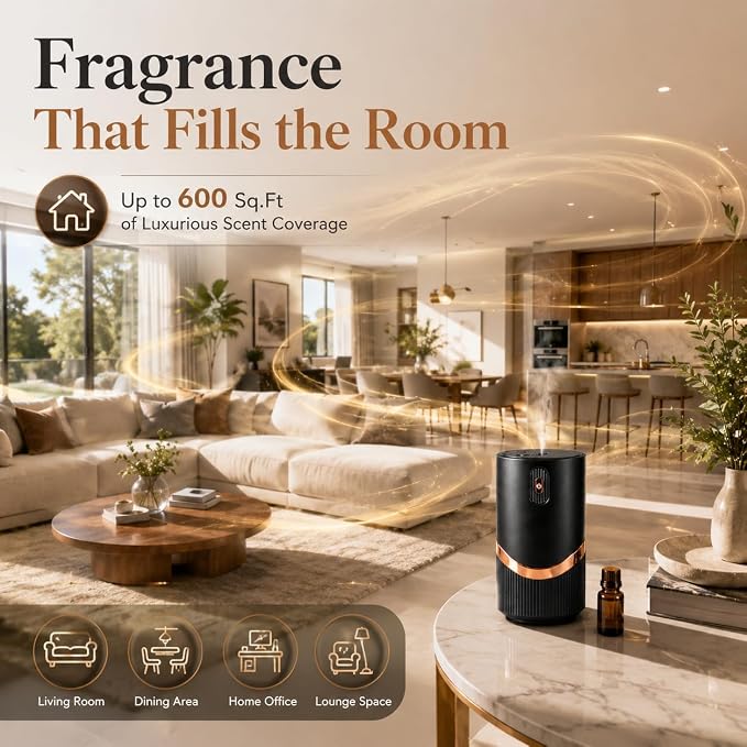 Waterless Essential Oil Diffuser, Mini Scent Air Machine Portable Diffuser for Home Car Office, Battery Operated Aromatherapy Diffuser with 10mL Hotel Scent Fragrance Oil, Timer & 4 Mist Levels, Black