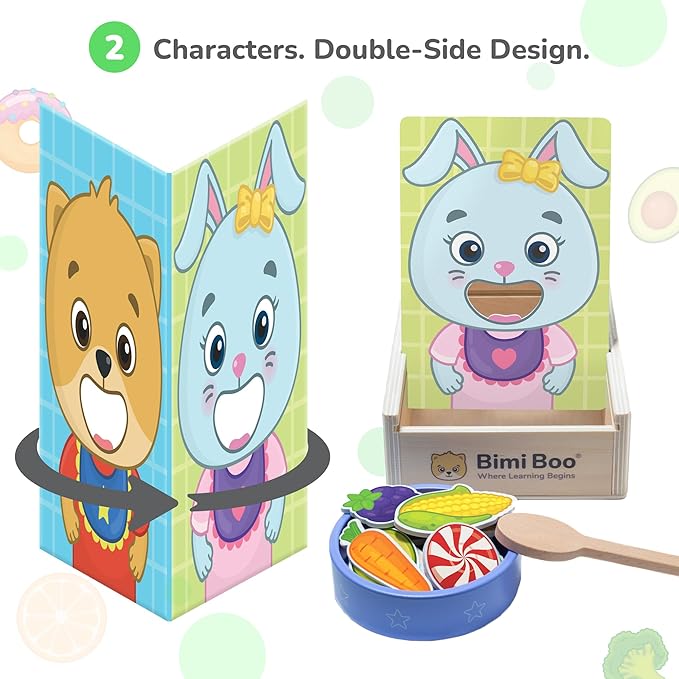 Bimi Boo Wooden Feeding Toy - Montessori Pretend Play Food Set for Toddlers 1-4+ - Fine Motor Skills Scooping Toy for Kids (27 Various Foods, a Spoon, Bowl)