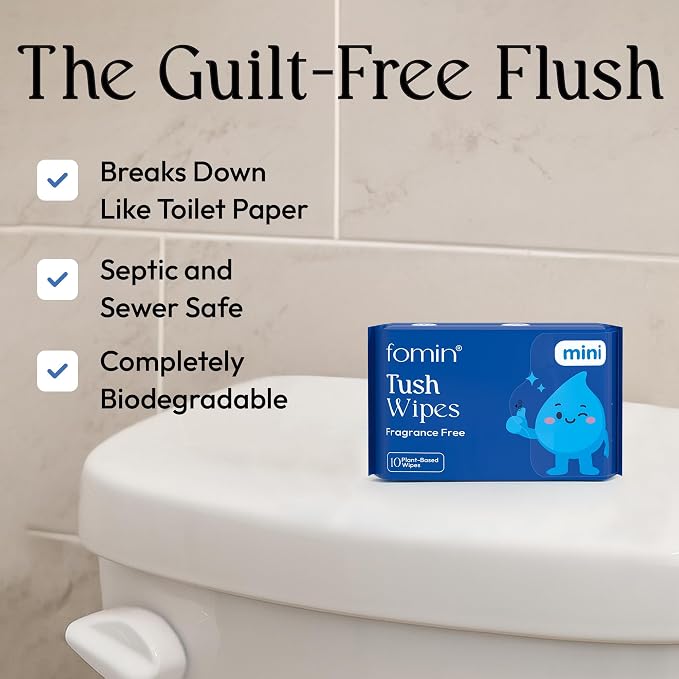 Fomin Compact Travel Flushable Wipes 8 Pack (80 Wipes Total) - Unscented Travel Size Wet Wipes for Adults - pH Balanced, Biodegradable, Plant-Based - Hypoallergenic Tush Wipes for Women & Men