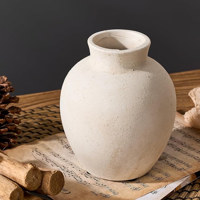 SIDUCAL Ceramic Decorative Flower Vase | 6 Inch Pottery Rustic Farmhouse Boho Vase for Home Decor, Table, Living Room, Bathroom, Shelf, Mantel Decoration, Wedding, White