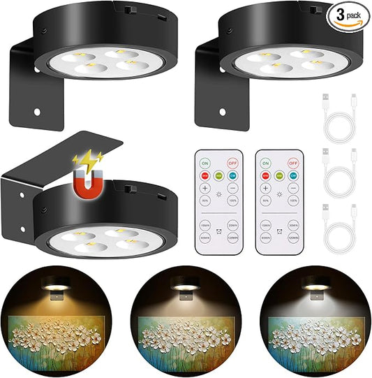 MIOBLUE 3Pack Rechargeable Battery Pictureainting Light with Remote Control Dimmable and Timer, Magnetic Art Display Puck Light 3 Lighting Modes for Paintings Wall Decor