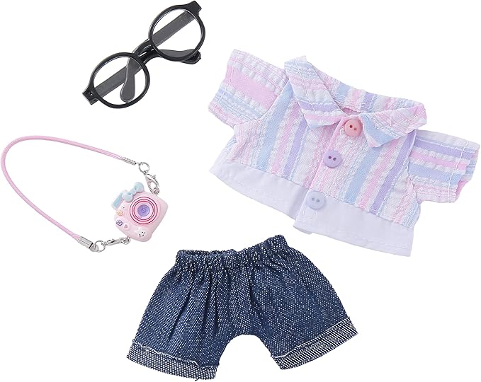 17cm Doll Clothes Set & Doll Outfit – 4-Piece Handmade Travel Look with Pink Striped Shirt, Black Glasses, Jeans & Camera-Style Backpack – Accessories for 17cm Plush Dolls, Clothes Only