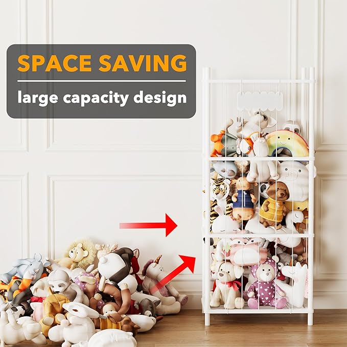 SpaceAid Stuffed Animal Storage Organizer, Wood Animals Zoo Toy Plushies Storage Holder, Large Capacity Plush Toy Cage for Playroom Organization, 22.8" Wide, White