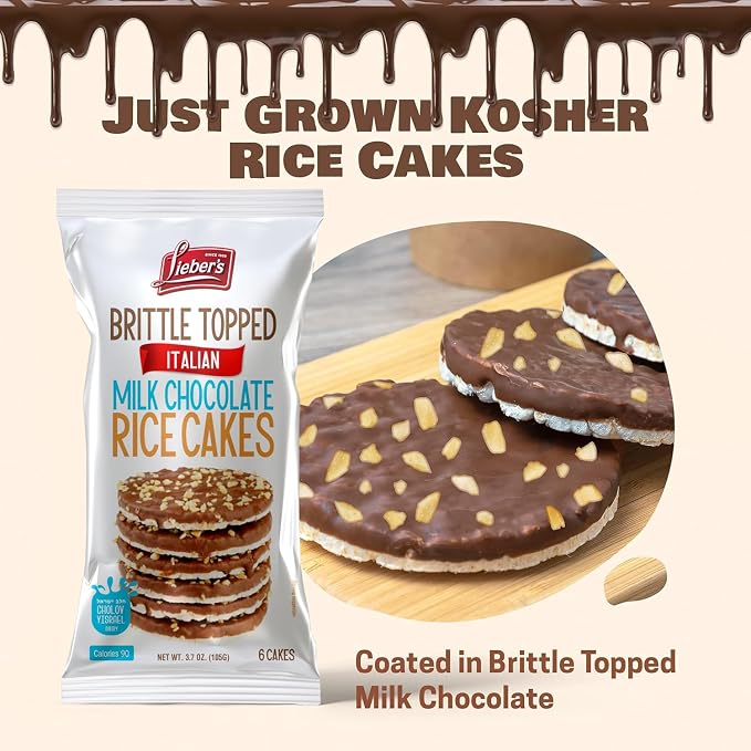 LIEBERS Thin Milk Chocolate Rice Cakes, Brittle Topped, Gluten Free, 3 Pack | Kosher Certified Dairy Snack Made with Whole-grain Brown Rice, Crispy, Crunchy and 60 Calories or Less per Cake.
