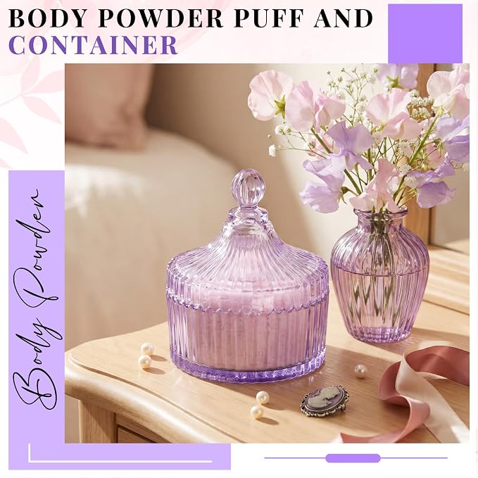 Tioncy 2 Pcs Extra Large Dusting Powder Puff and Container for Women-6'' Glass Crystal Dusting Powder Container with Body Soft Washable Reusable Velour Face(Purple,Classic)